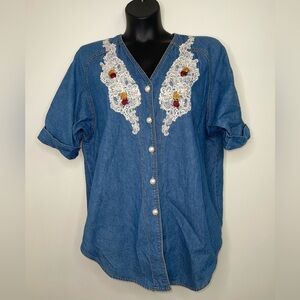 Vintage Lace & Pearl Denim Shirt Size 1X